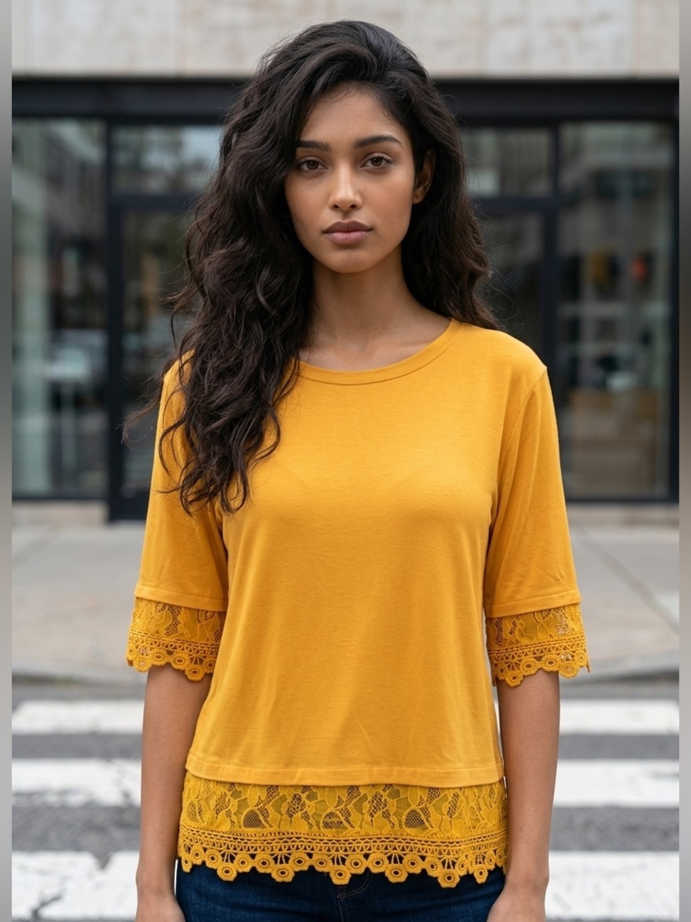 Women’s Lace-Hem Boatneck Top - Mustard